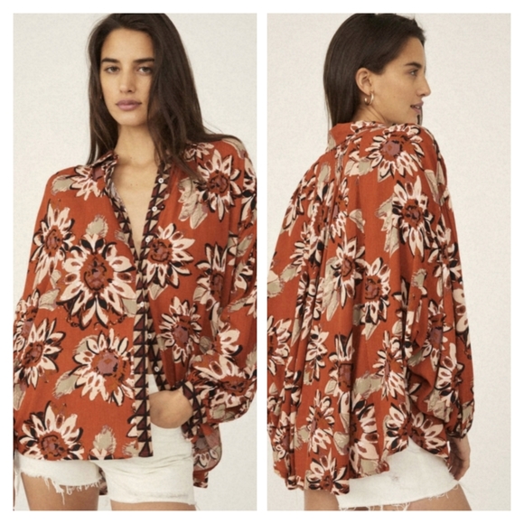 Free People Button Down Long Sleeve Flowy Blouse Good Vibes Floral Oversized - Picture 1 of 12